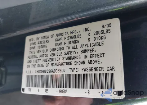 2006 Honda Accord 3.0 Ex from USA, damaged, VIN 1HGCM66596A008500